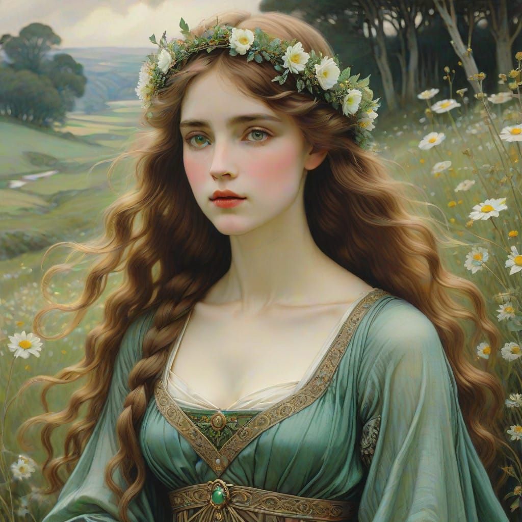 Ethereal Elegance in Emerald: A Pre-Raphaelite Serenade