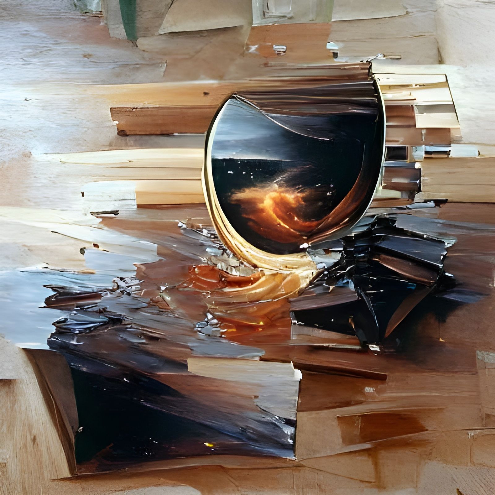 Mirrored Building Descends into Black Hole as Oil Painting