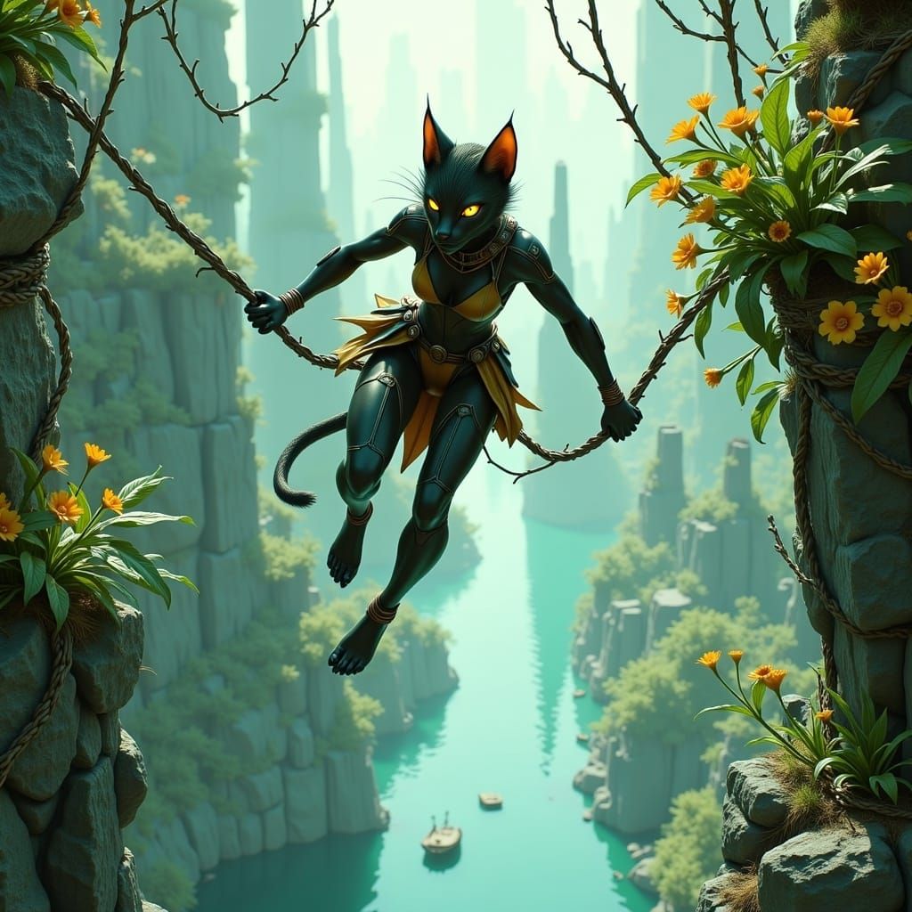 <lora:Feline Hero2:1.0> Subject swinging on a vine across a ...