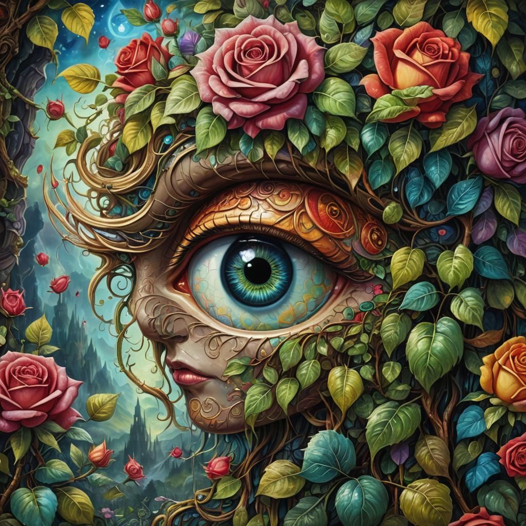 Surreal Eye with Rose and Leaves in Psychedelic Style