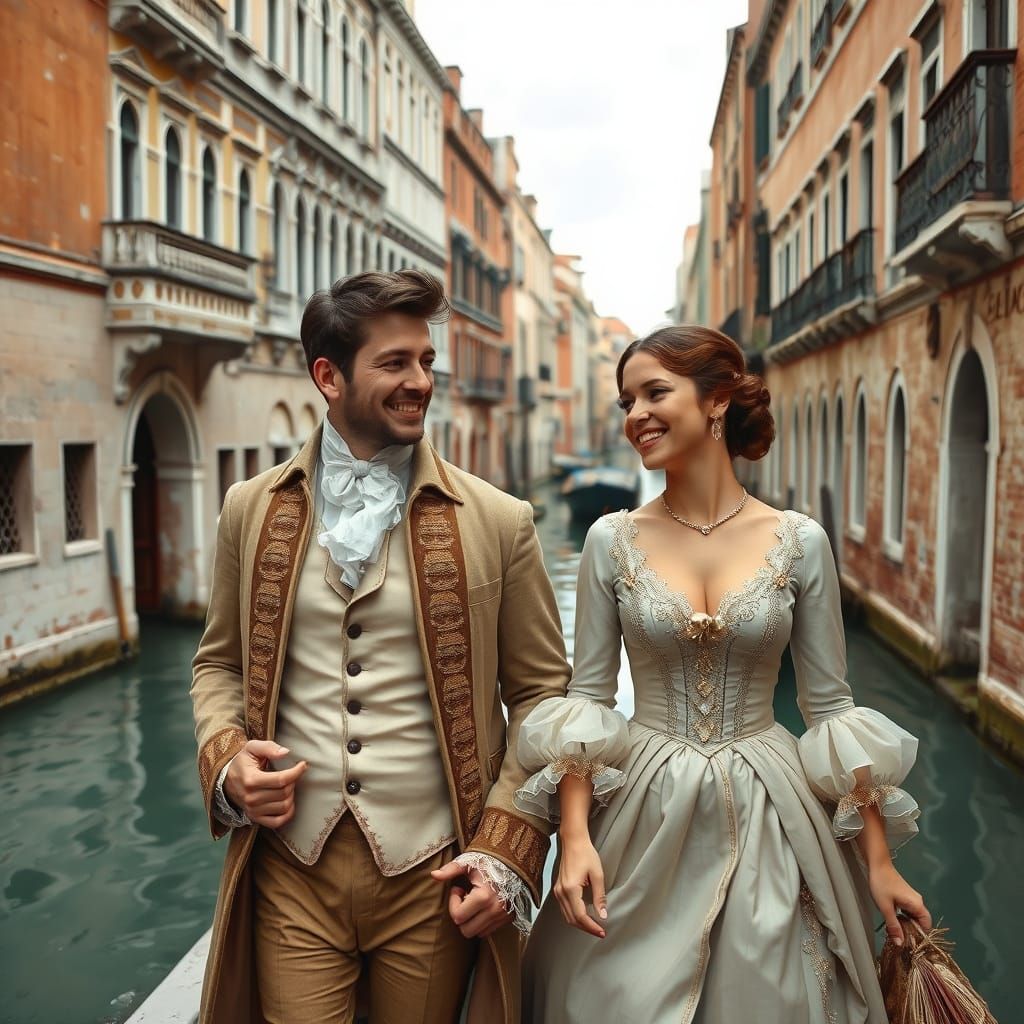 Couple in 18th-Century Attire Strolling Along Venice Canal i...