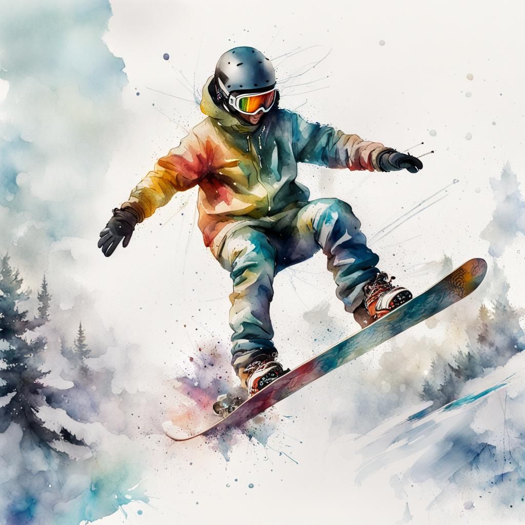 Snowboarder Tricks on Ski Slope in Watercolour Style