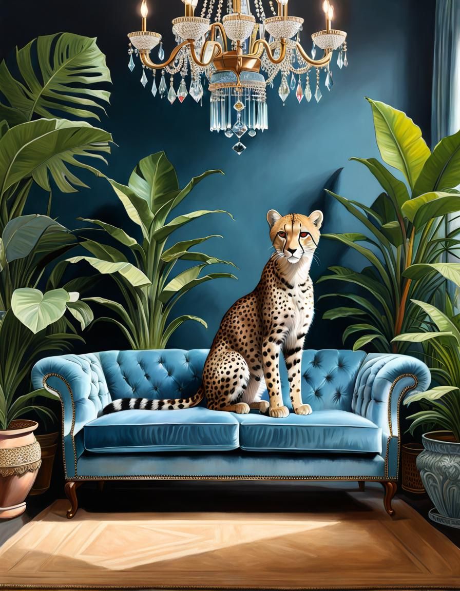 Hyperdetailed Cheetah Cat on Velvet Sofa, Oil on Canvas