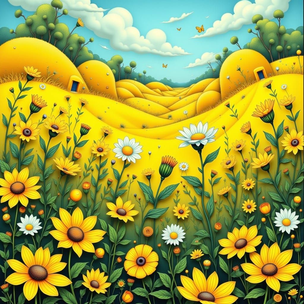 Surreal Yellow Blooms in Ethereal Landscape