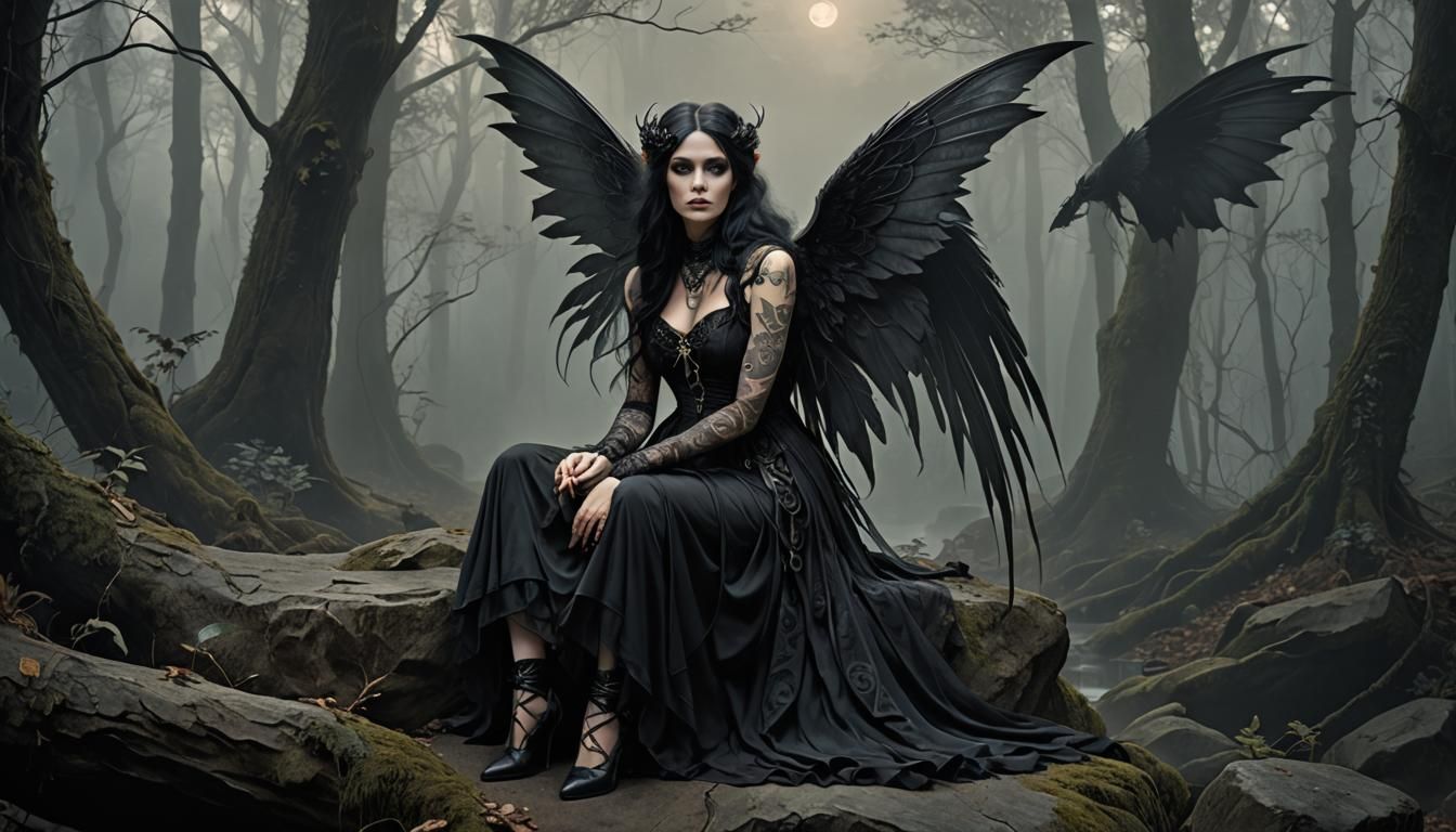Gothic Dark Fairy with Wings in Mystical Forest