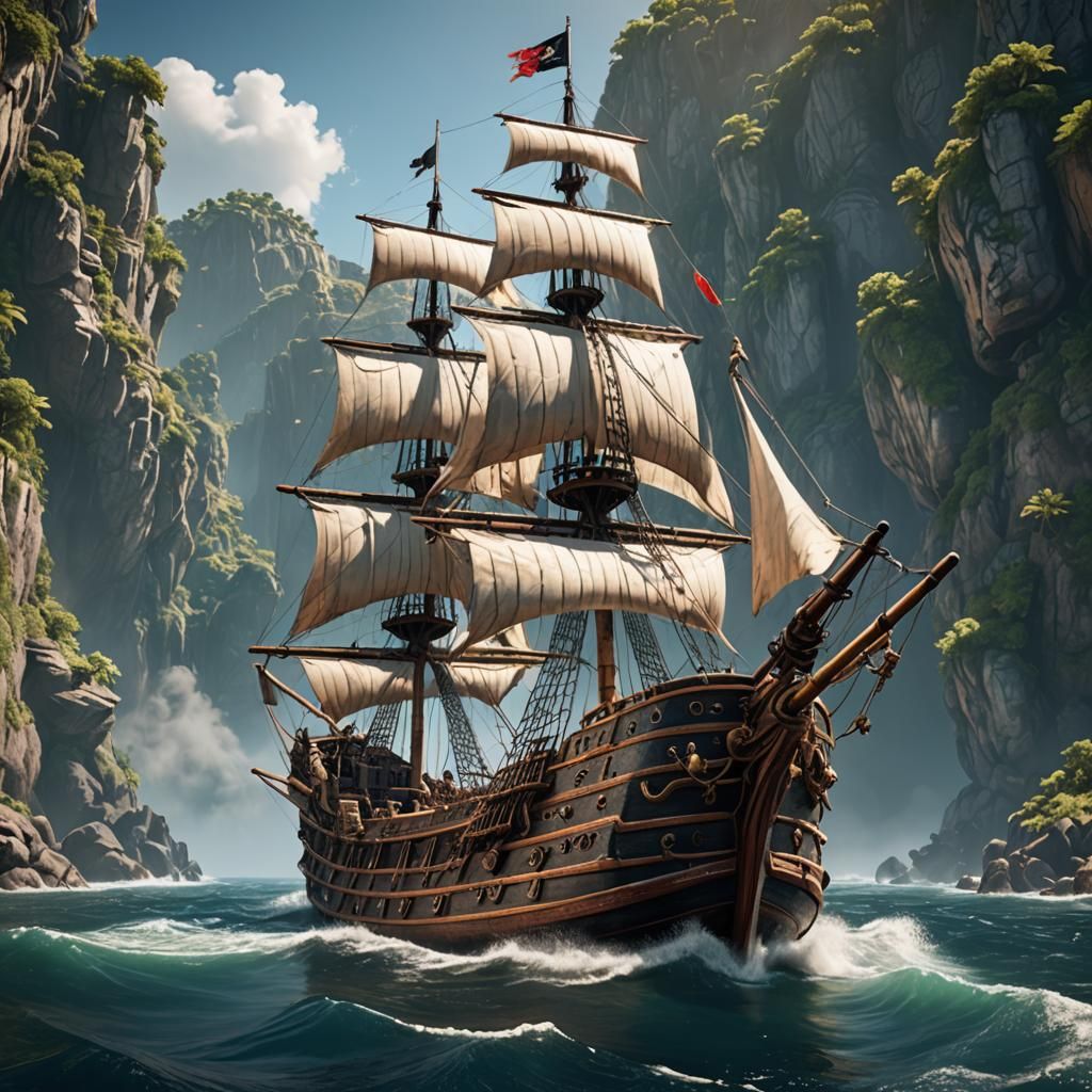 Pirate Ship with Cannons in 3D Style