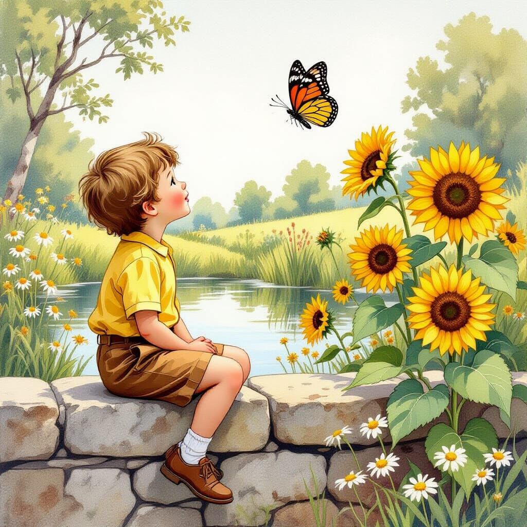 Boy and Butterfly in Whimsical Naturalistic Style