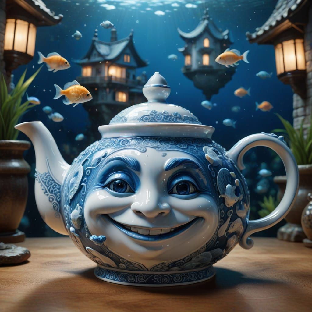 Smiling Teapot in Dreamlike Underwater City