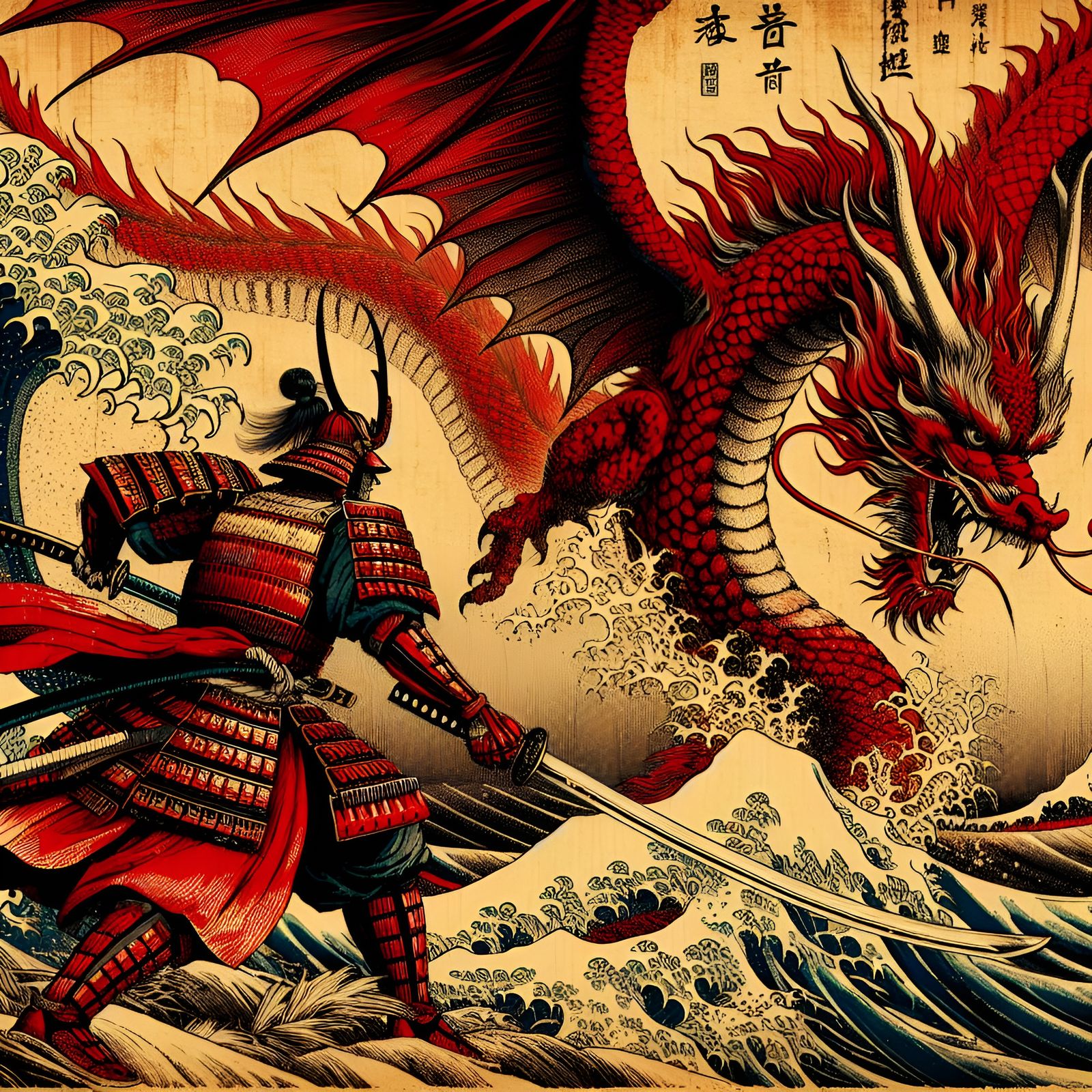 Samurai vs Dragon in Japanese Woodblock Style