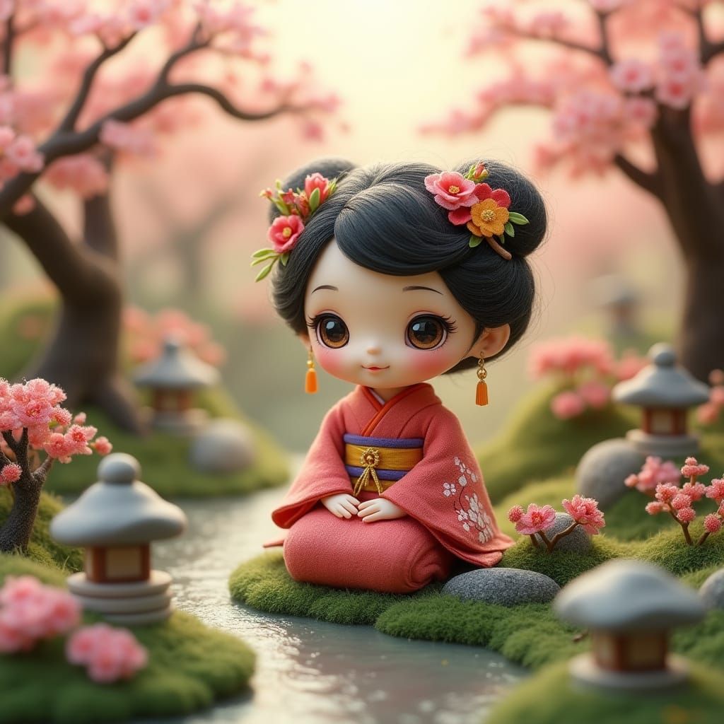 Surreal Geisha in Japanese Garden Scene, in Clean Isometric ...