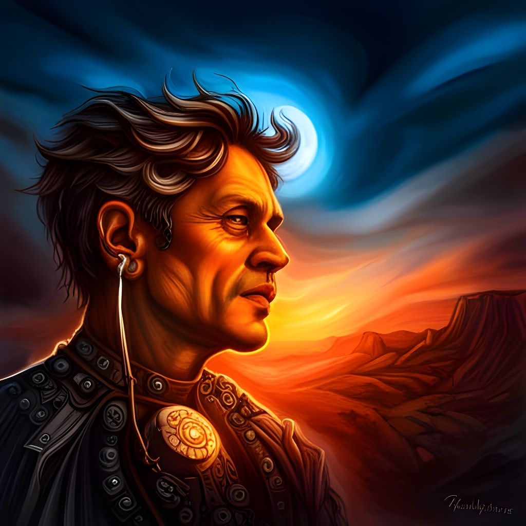 Wandering Hero in Baroque Steampunk Desert Charcoal Drawing