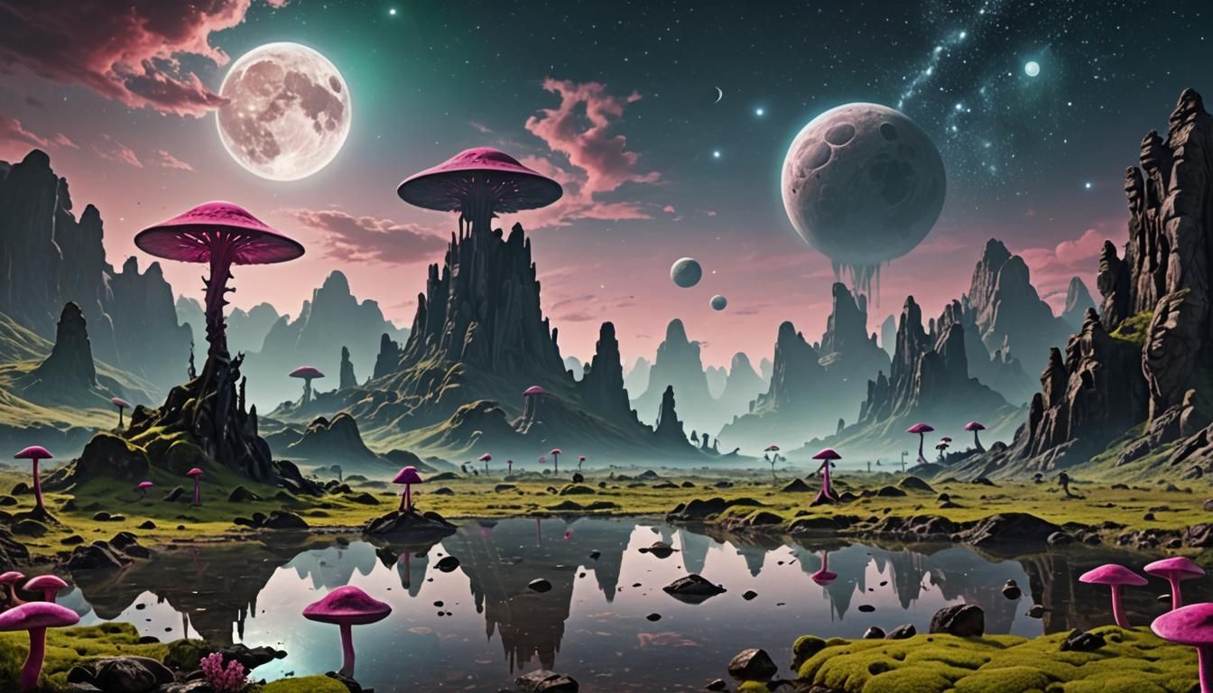 Alien on Strange Planet with Bioluminescent Mushrooms