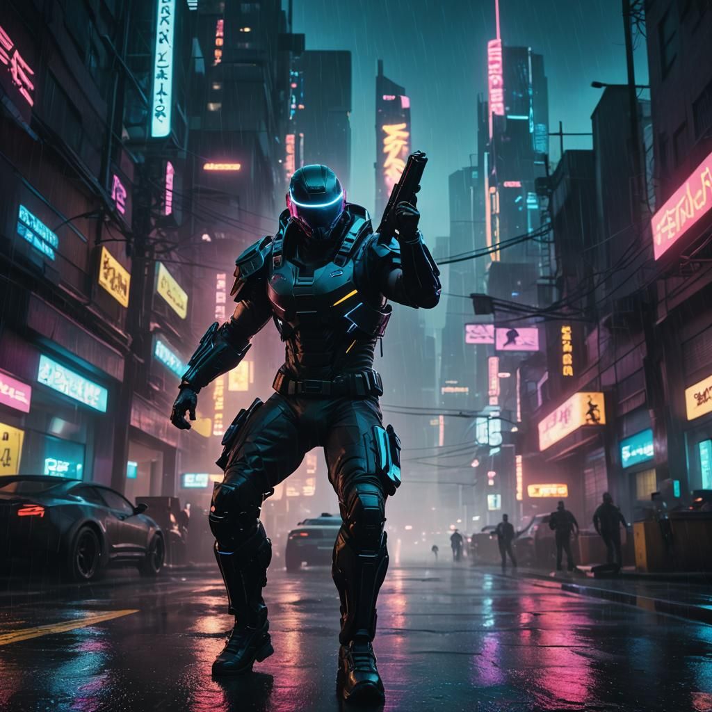 Cyberpunk Soldier with Energy Blades in Neon City