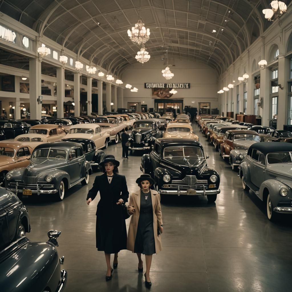 Film Noir: Woman in Vintage Auto Showroom