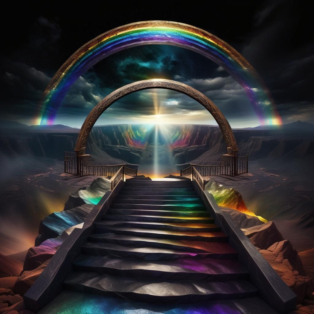 Stairway to Rainbow Portal Under Dark Sky