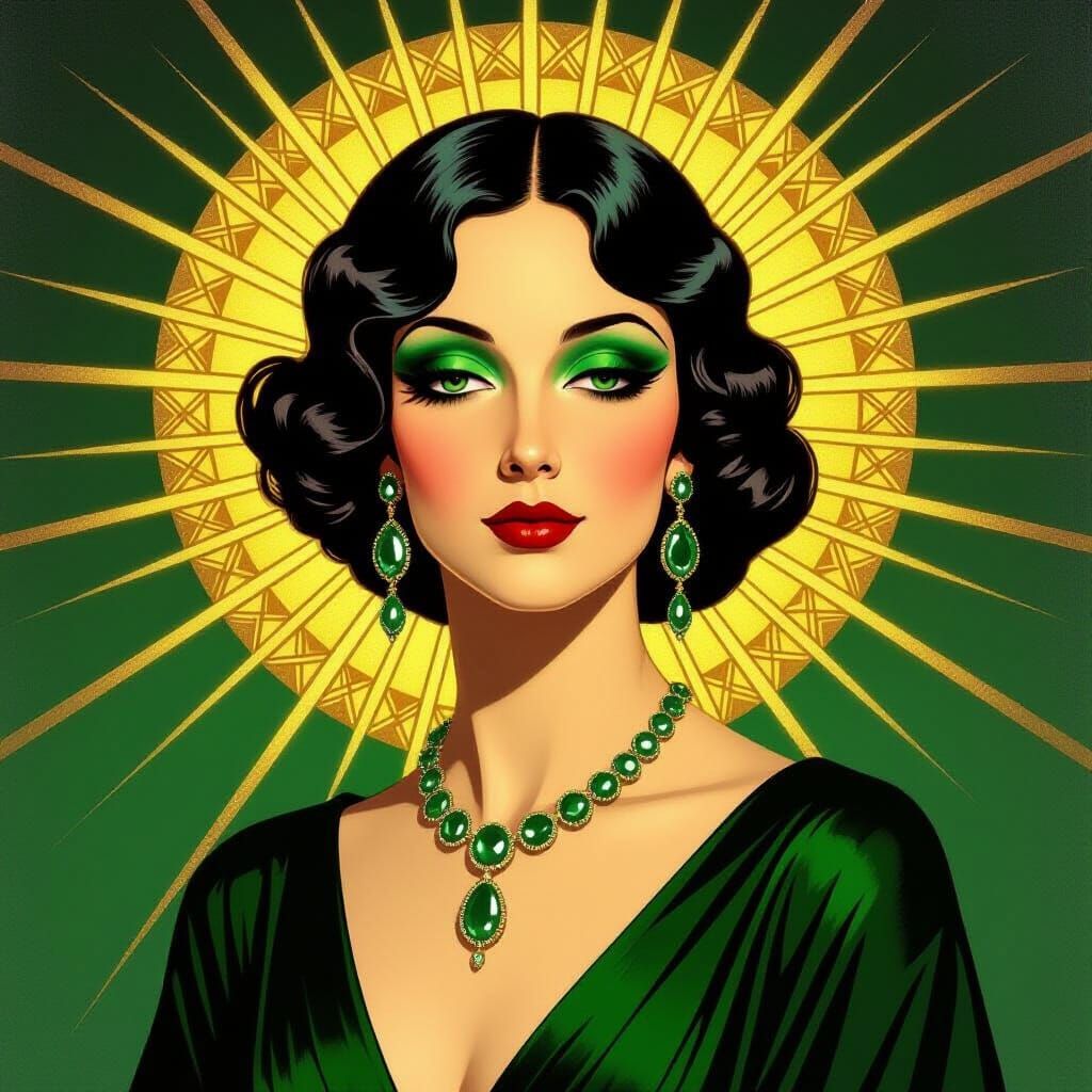Art Deco Woman with Emeralds and Golden Halo
