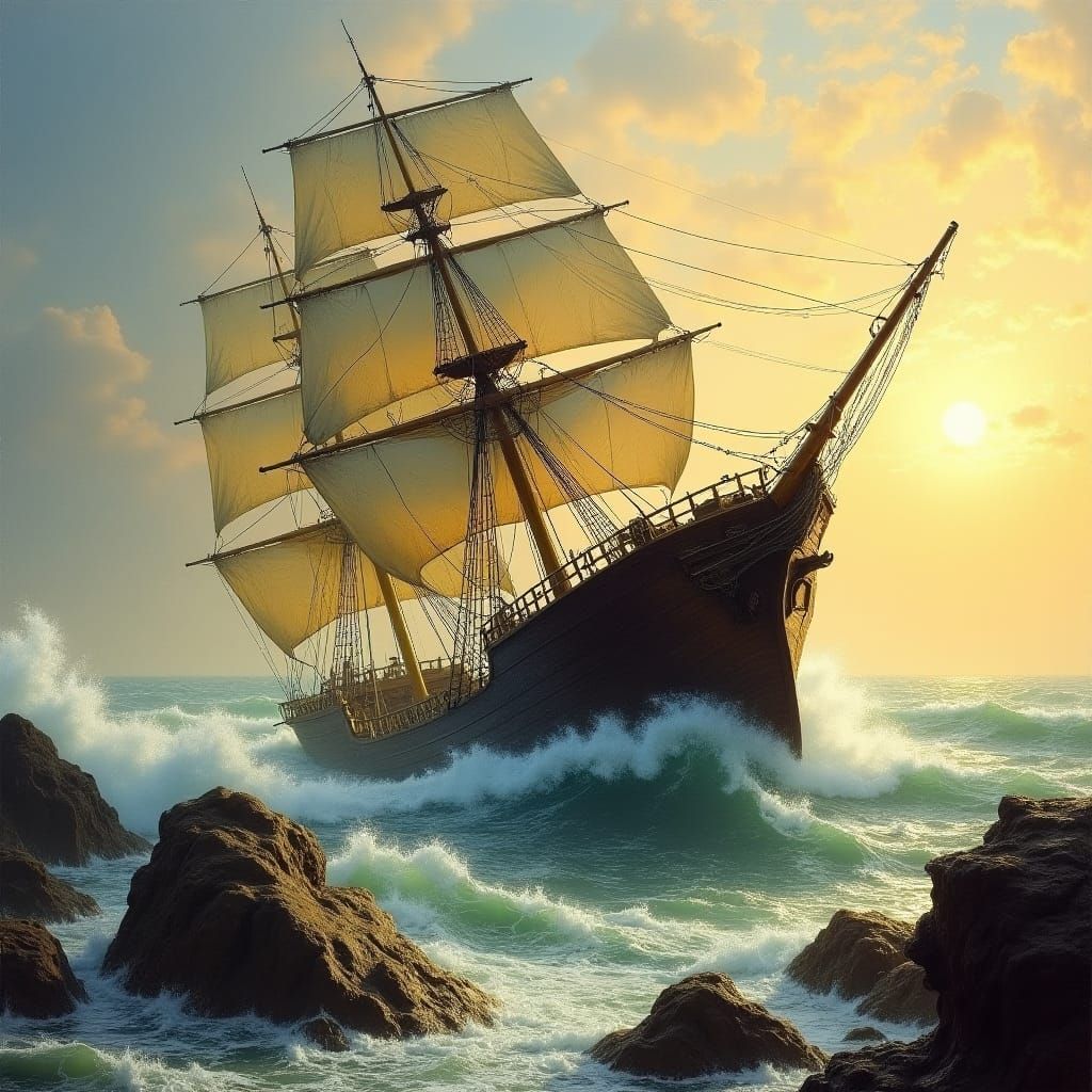 Shipwrecked Sailing Ship in Dramatic Seascape