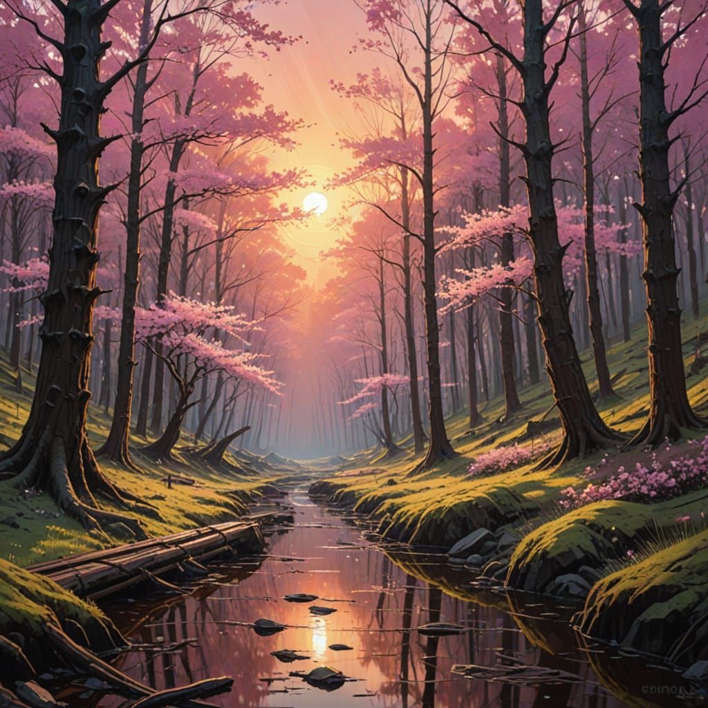 Grungy Oil Painting of Sakura Forest at Dusk