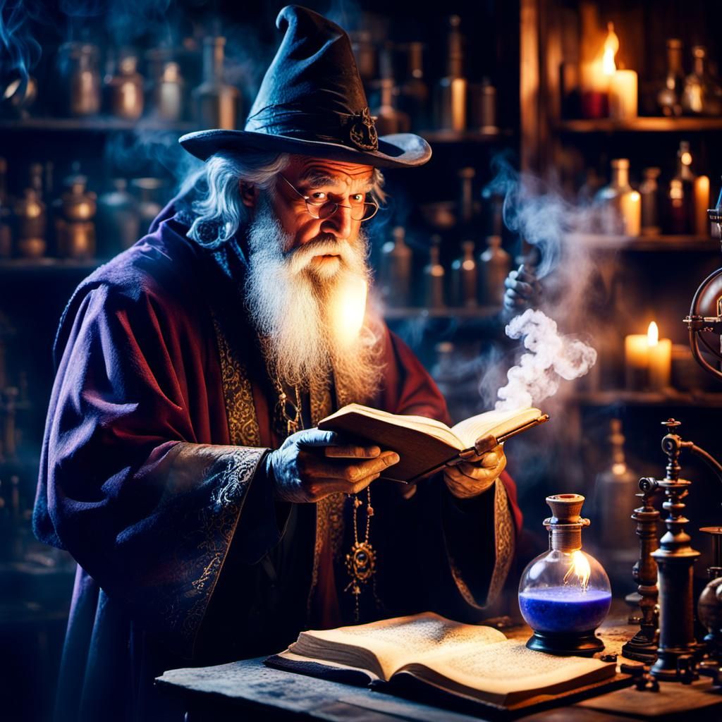 Alchemist Wizard Creating a Potion in Laboratory