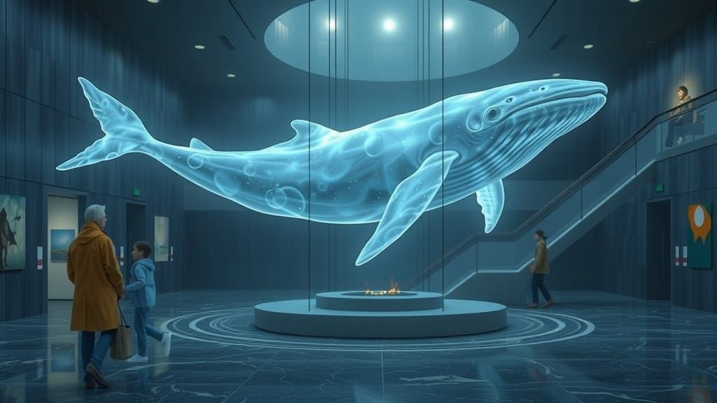 Majestic Whale in Futuristic Museum Scene