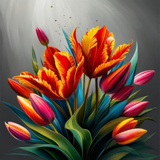 Tulips on Dark Wood in Impasto Style