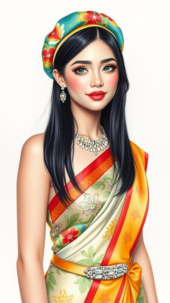 Full body, enchanting hyper realistic acrylic-watercolor mix painting, highly detailed, a graceful, sophisticated young ...