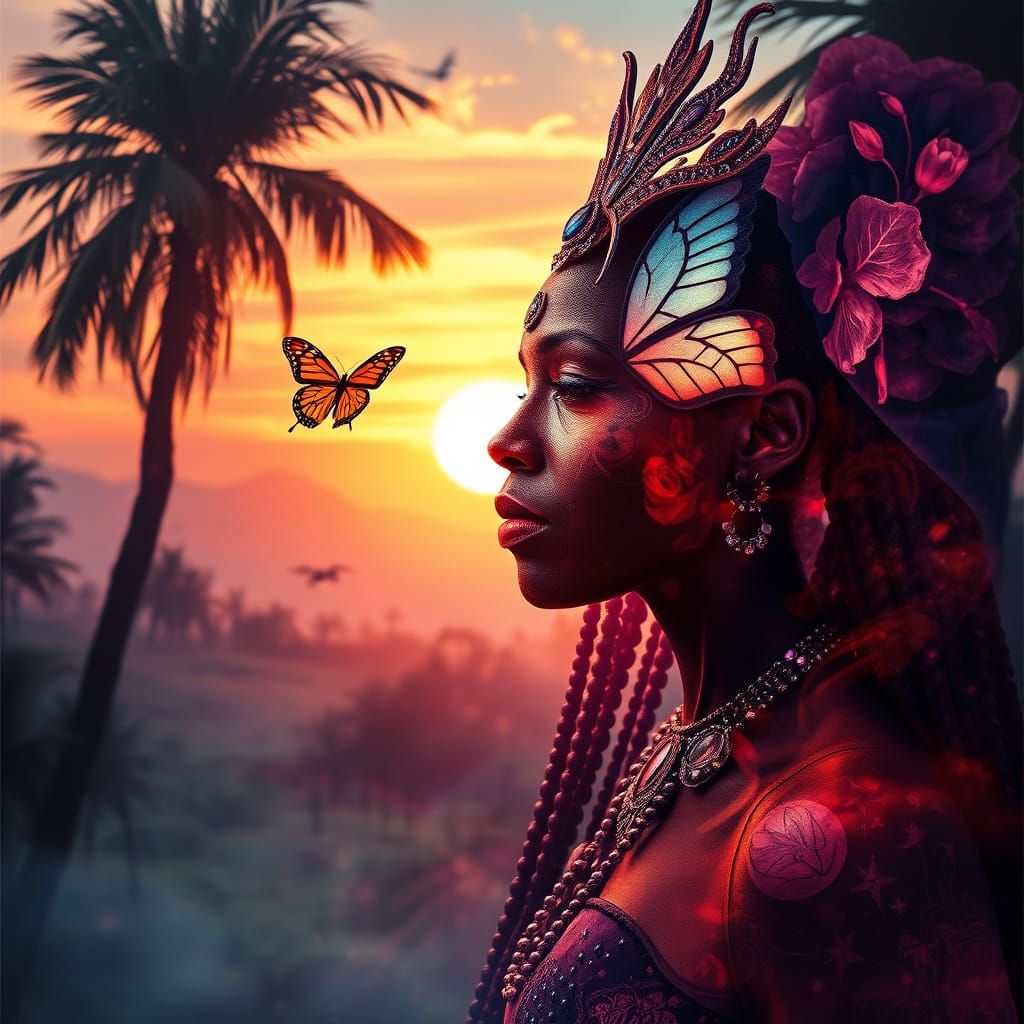 Voodoo Priestess Ritual in Sunset Fantasy Landscape
