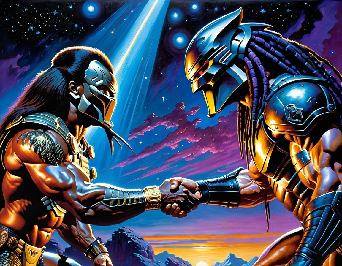 Predator and Arnold Handshake in Space, Oil Painting