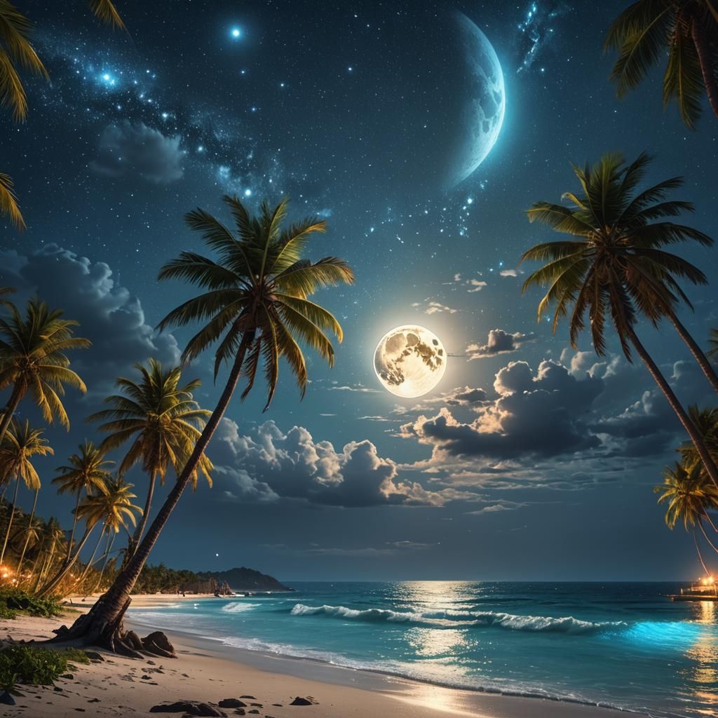 Blue Moonlit Beach at Night: Digital Matte Painting