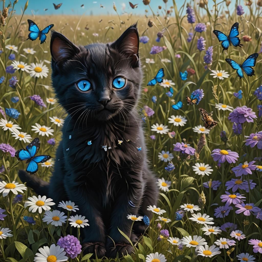 Black Kitten with Blue Eyes in Flower Field