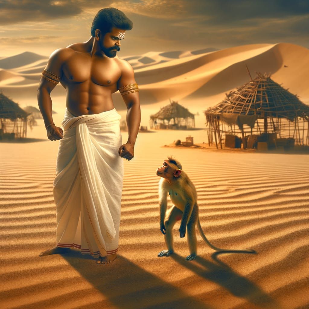 Indian Farmer and Monkey in Desert Landscape