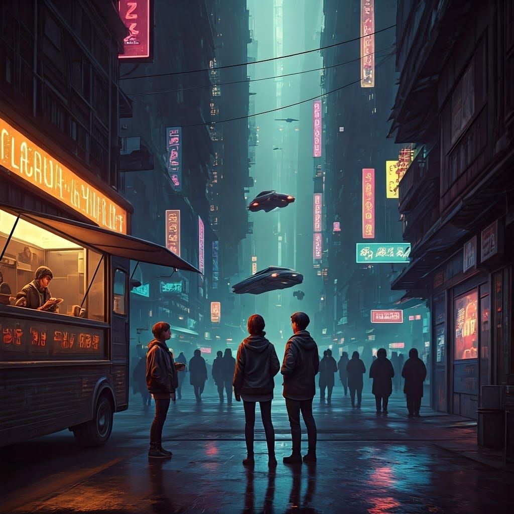 Cyberpunk Undercity Trio Surrounded by Gritty Neon Beauty