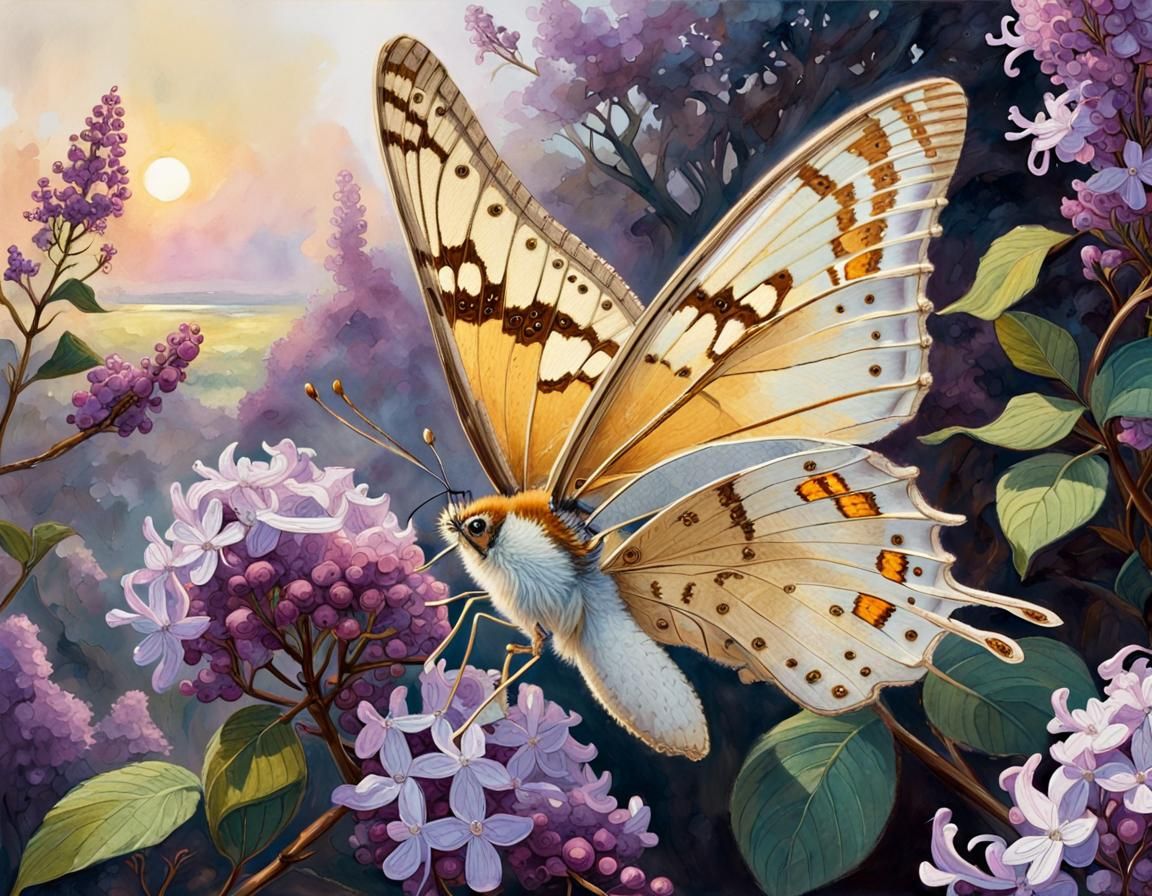 Filigree Butterfly on Lilac Flower in Watercolor Style