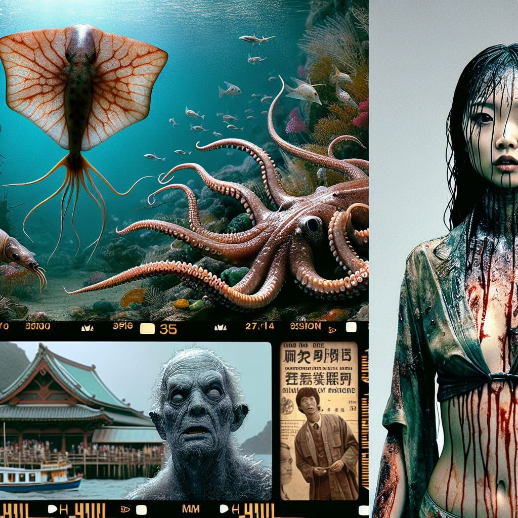 Eerie Deep-Sea Horror with Squid and Humanoid Figure
