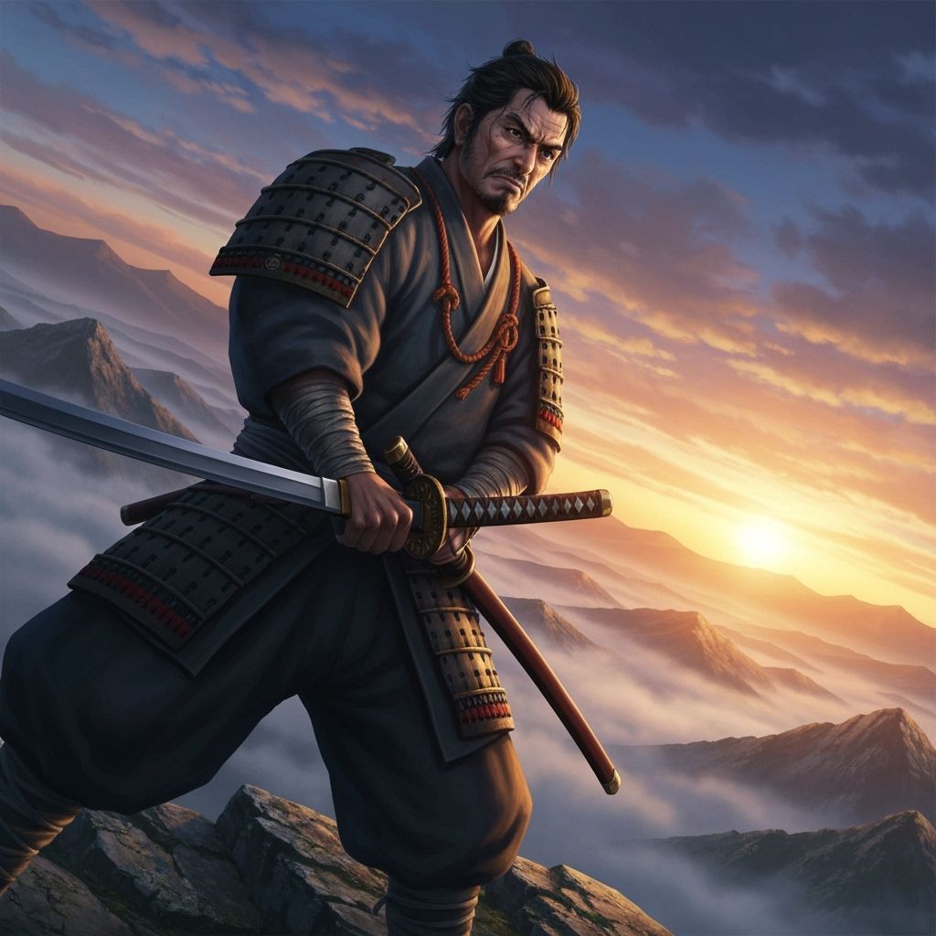 Samurai Gazes at Floating Castle: Hyper-Realistic Anime Styl...