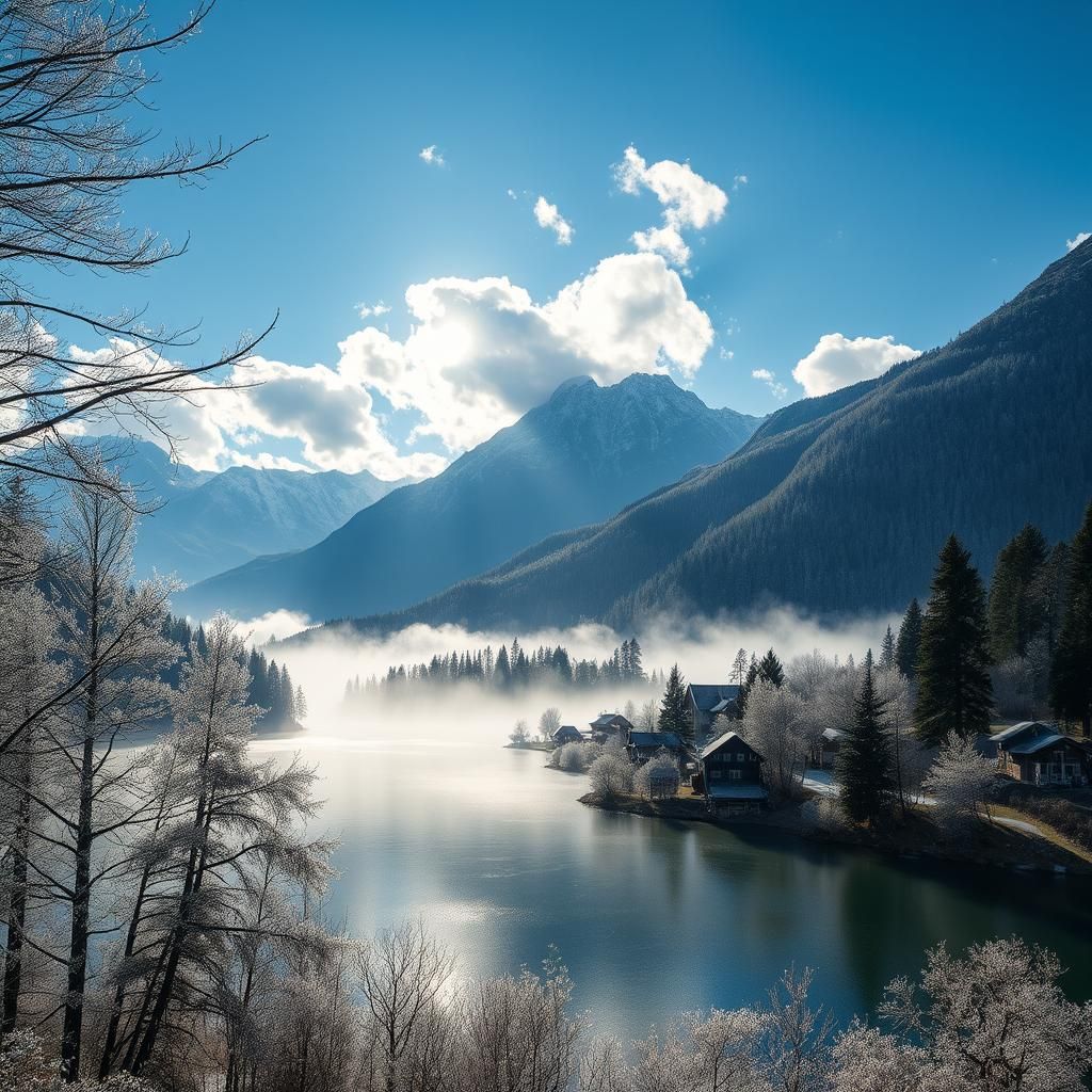 Frosty Lakeside Village in Mountains: Cinematic Digital Art