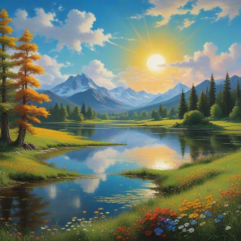 Vibrant Yellow-Orange Sun in Dreamy Landscape
