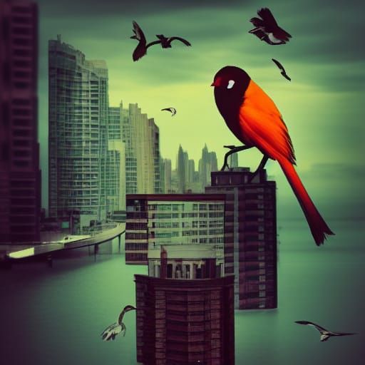 Surreal Melting Cityscape with Urban Bird