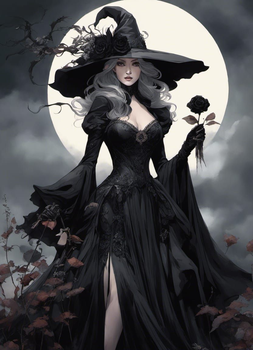 Gothic Witch with Black Rose in Dark Fantasy Style