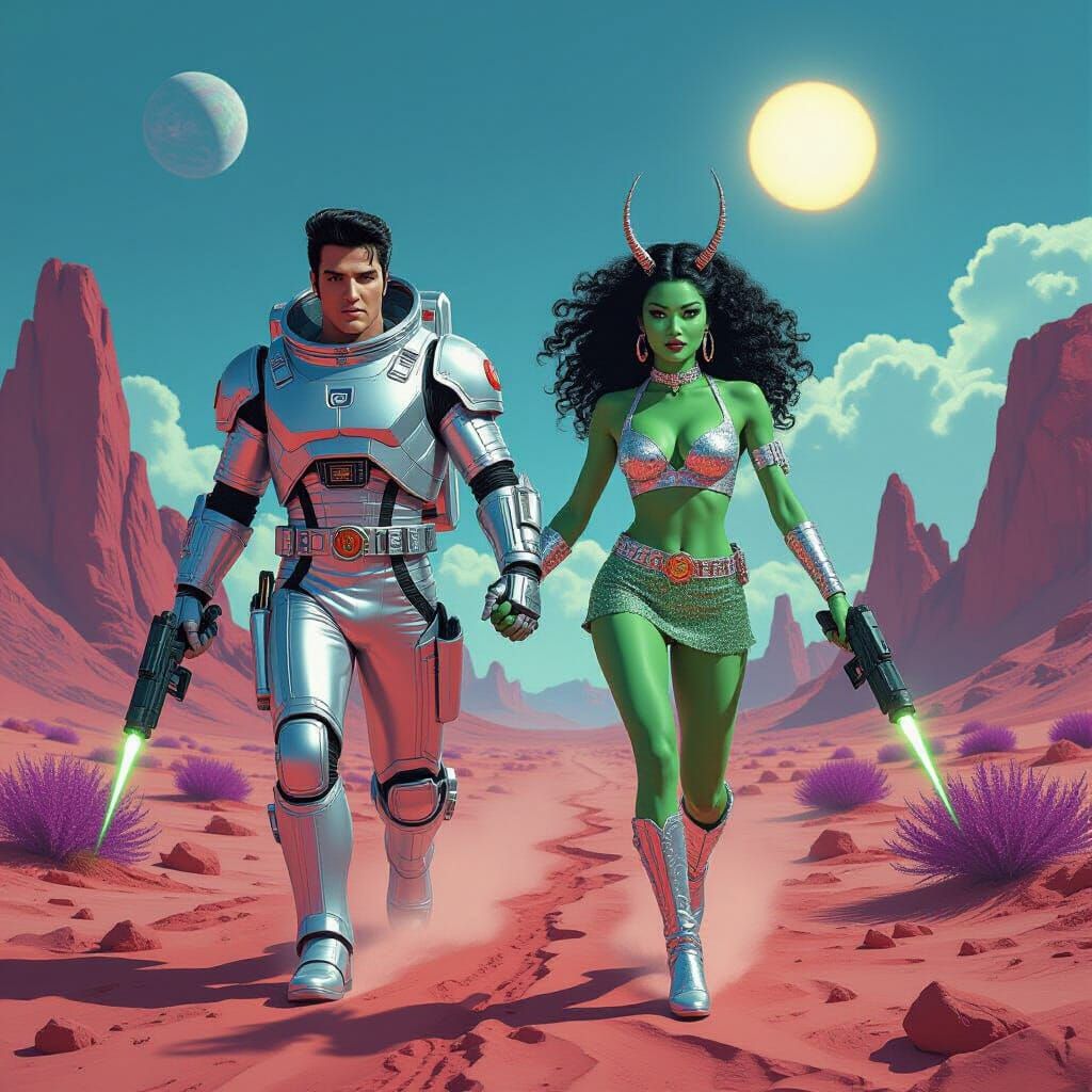 Elvis Presley with Alien Woman in Sci-Fi Pulp Art Style