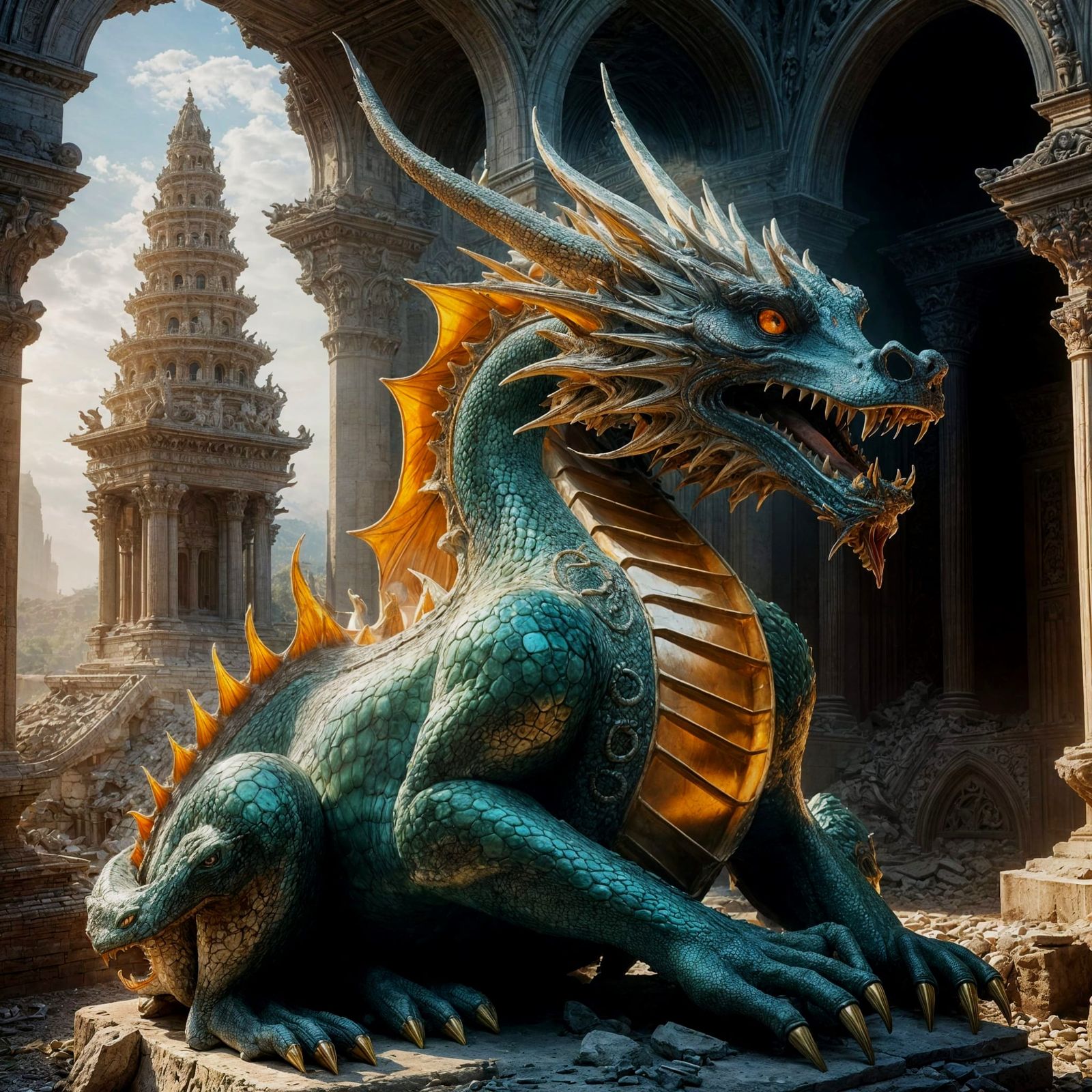 Biomorphic Dragon of Roots and Porcelain in Ruined City