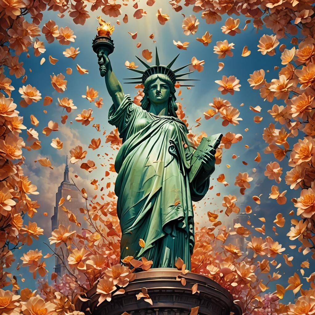 Statue of Liberty Surrounded by Petals: Fantasy Matte Painti...