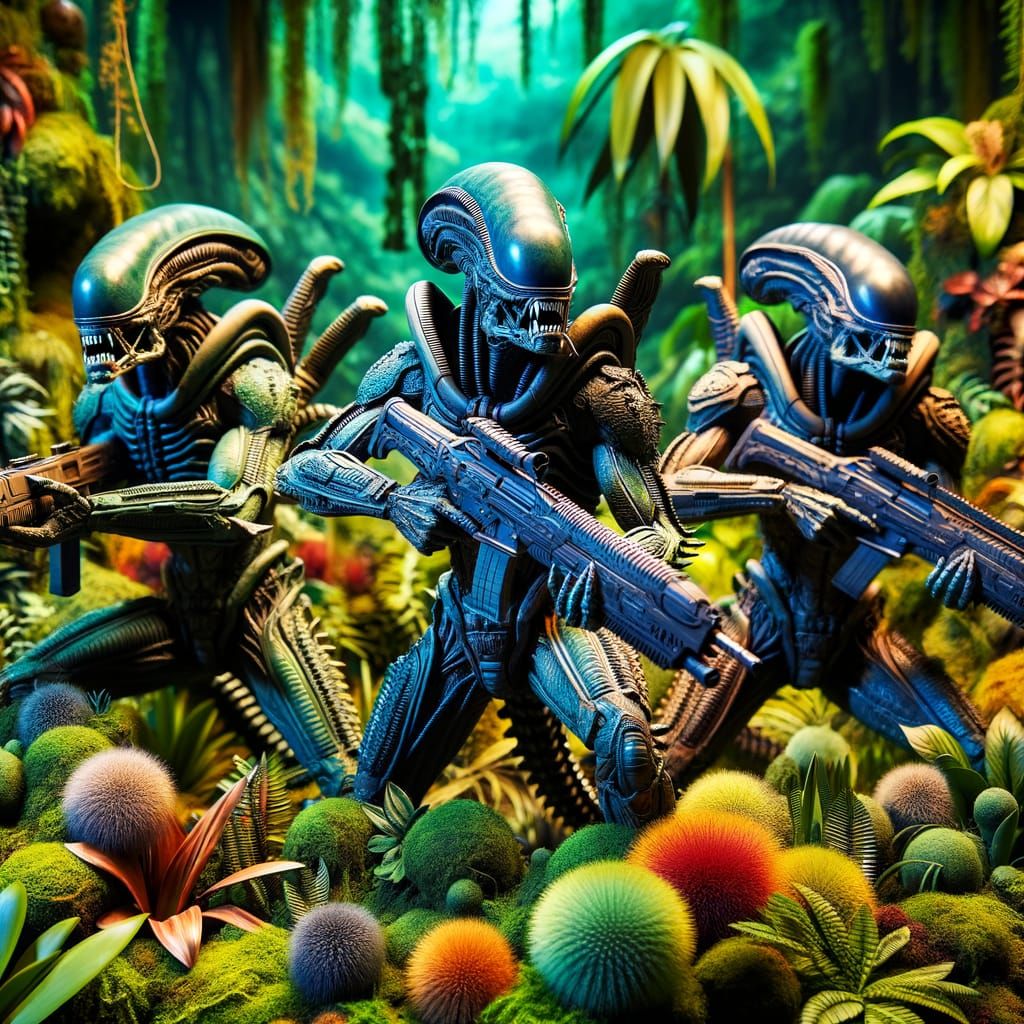 Reptilian Alien Soldiers in Jungle, Hyper-Realistic Renderin...