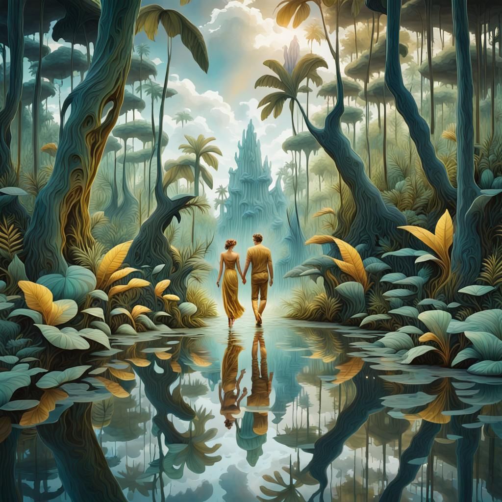 Translucent Sculpture of Couple in Tropical Gouache