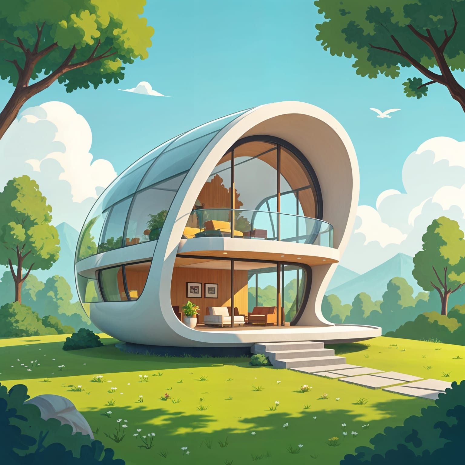 Glass Shell House in 2D Cartoon Style