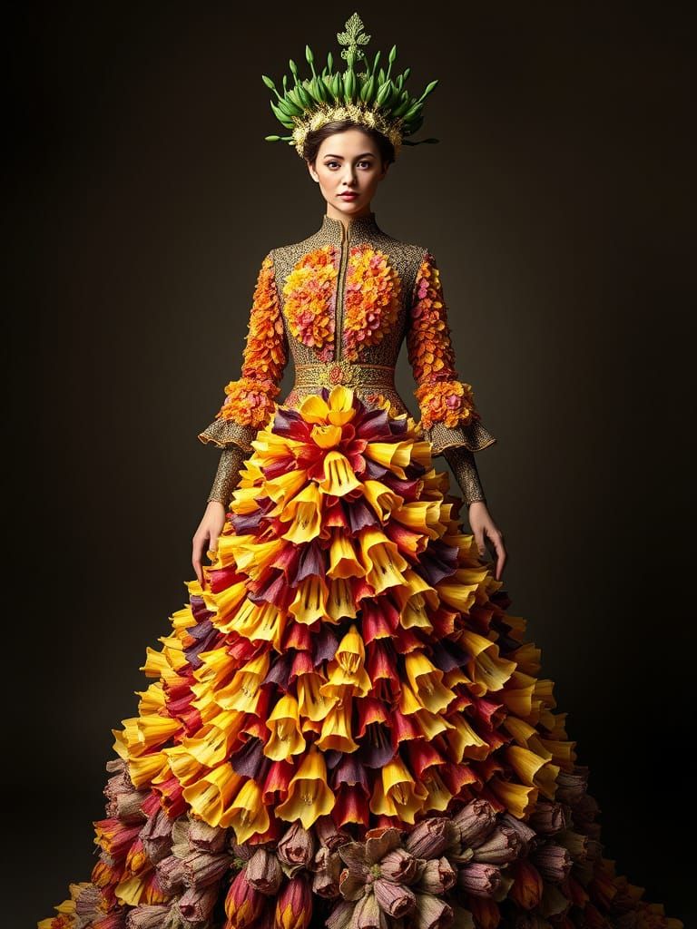 Woman in Dress Made of Crown Imperial Flowers