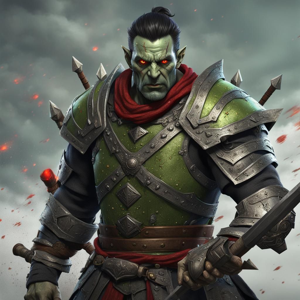 Half-Orc Paladin with Flail in Detailed Matte Painting