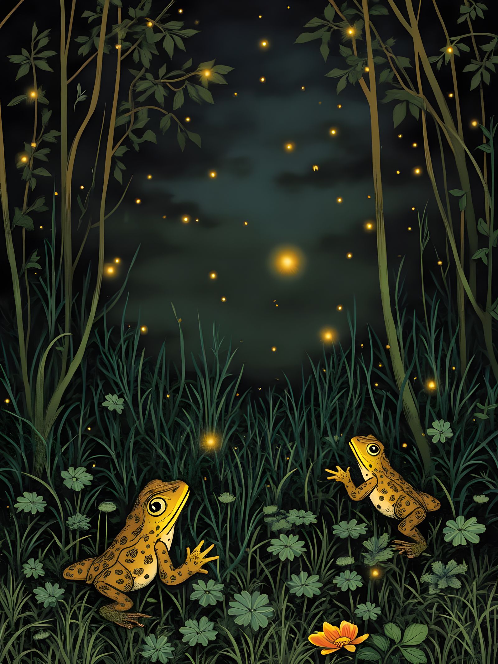 Frogs and fireflies at night