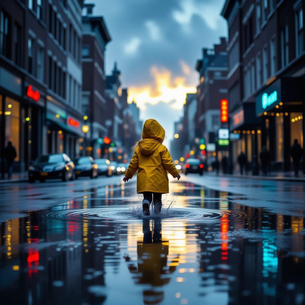 Girl in Yellow Raincoat Splashing: Cinematic Film Still