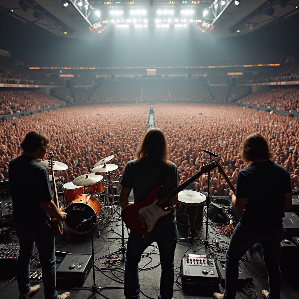 Rock Band Instruments on Stadium Stage in a Dynamic Scene